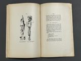an open book with a drawing of a man holding a sword