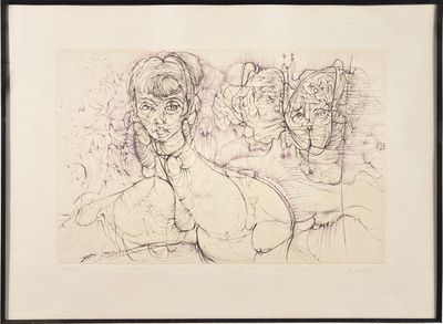 drawing of a woman sitting in front of a mirror with her hands on her face