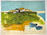 a picture of a painting of a house on a hill