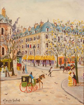 tableau représentant un tableau d'une calèche tirée par des chevaux dans une rue de la ville
