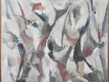 an oil painting of a group of abstract figures in white, red, and black