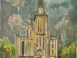 tableau représentant une église avec une tour horloge en son centre