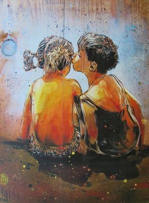 tableau représentant deux enfants assis par terre, l'un embrassant l'autre