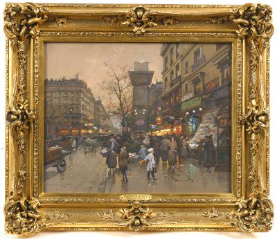 une image représentant un tableau d'une rue animée de la ville où des gens marchent