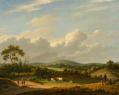 un tableau représentant un paysage avec du bétail au premier plan