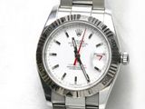 a silver watch with a red second hand on a white background