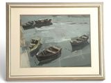 painting of a group of boats floating on top of a body of water