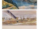 trois aquarelles représentant un lac, des montagnes et des arbres