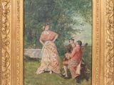 une peinture à l'huile représentant une femme et deux enfants dans un parc