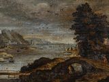 painting of a river scene with a bridge and a man on a horse