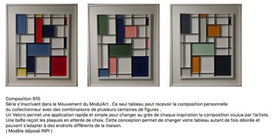 trois images différentes représentant des carrés de différentes couleurs sur un mur blanc