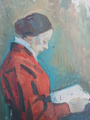 une peinture à l'huile représentant une femme assise dans un fauteuil en train de lire un livre