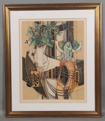 une image représentant une peinture sur laquelle figurent une guitare et une plante en pot