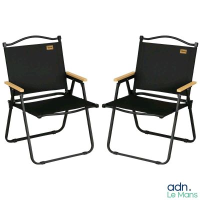pair of black folding lawn chairs with wooden arms