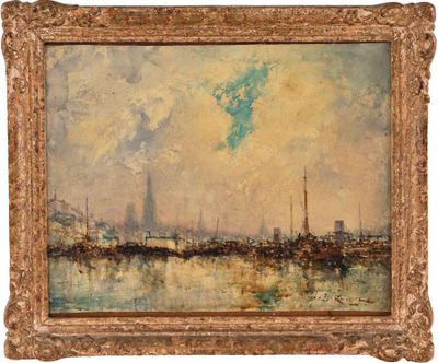 une peinture représentant un paysage urbain avec le ciel et des nuages en arrière-plan
