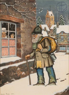 a painting of a man with a backpack and a cane
