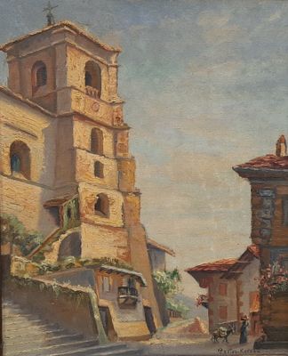 painting of a street scene with a church and a horse drawn carriage