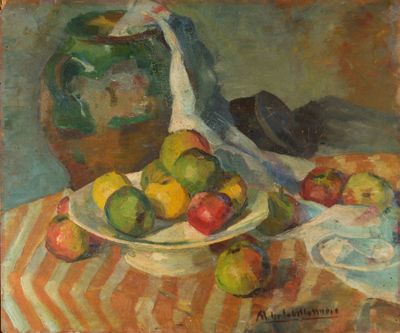 painting of a bowl of apples and a pitcher on a table