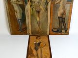 three framed pictures of a woman in a bathing suit and a man in a bathing suit