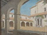 une peinture à l'huile représentant une cour avec des arcades et un bâtiment en arrière-plan