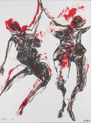 deux dessins en noir et rouge représentant un homme et une femme en train de danser
