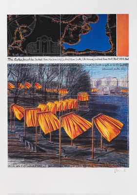 an image of a painting of orange umbrellas in a park