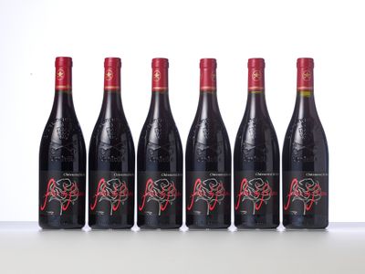 six bottles of red wine lined up in a row
