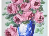 a painting of a blue vase with pink flowers in it