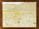 an image of a painting of a village in the desert