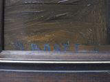 a close up of a painting of a man on a bench