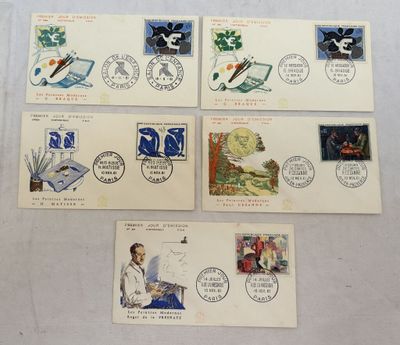 four different stamps from different countries are on a table