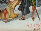 an oil painting of a man and a woman on a sled in the snow