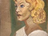 an oil painting of a woman with blonde hair and blue eyes