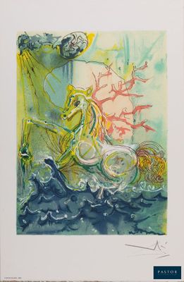 an image of a painting of a man riding a horse in the ocean