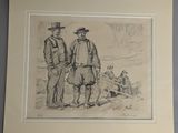 drawing of two men standing next to each other on a wall