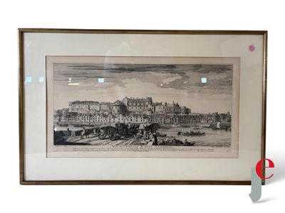 dessin représentant la vue d'un château avec une calèche tirée par des chevaux