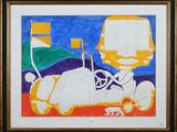 une image représentant un tableau sur lequel figure une voiture avec un homme à l'arrière
