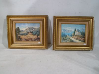 two framed paintings of a landscape with mountains and trees