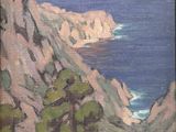 une peinture à l'huile représentant une vue de l'océan depuis une falaise
