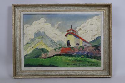 an oil painting of a church on a hill with mountains in the background