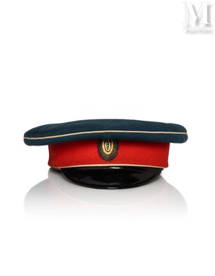 the hat is red and blue with a gold emblem on it