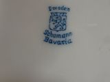 a close up of a white plate with a blue design