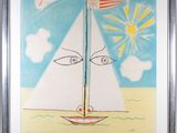 painting of a sailboat in the water with a sun and clouds in the background