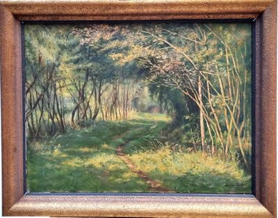 an oil painting of a path through a forest with trees