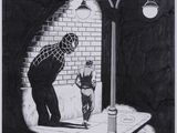 dessin représentant un homme et un enfant debout devant un lampadaire