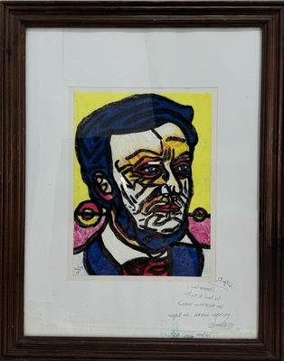 painting of a man with a beard and a bow tie