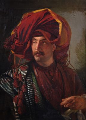 portrait d'un homme portant un turban rouge