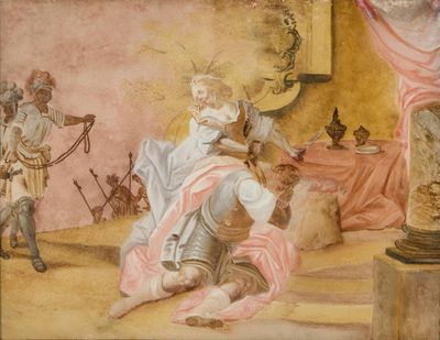 un tableau accroché au mur d'une pièce, représentant un homme et une femme