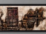 framed picture of a painting of a door and a bench in front of a wall
