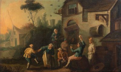 painting of a group of people in front of a house